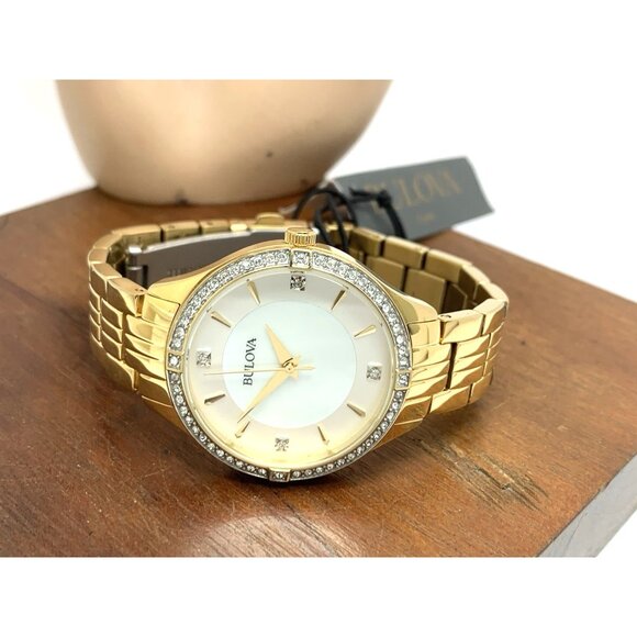 Bulova Women's Watch 98L274 Quartz Mother of Pearl White Dial Gold Gemmed 32mm - Picture 7 of 14